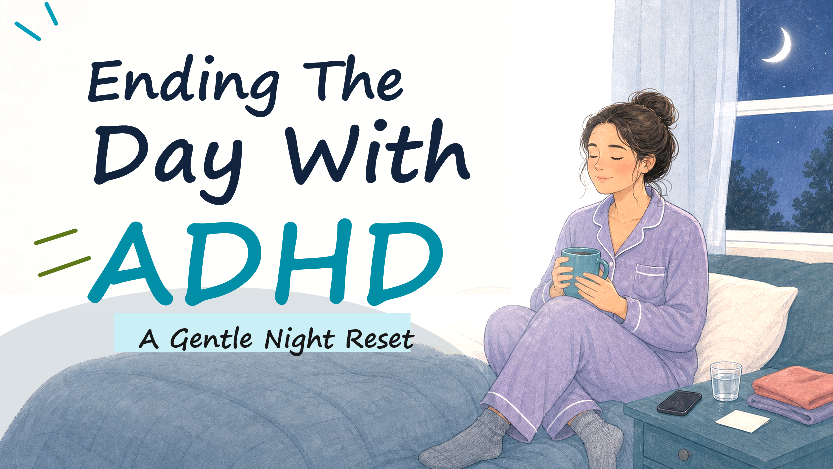 Hand-drawn cover art reading Ending The Day With ADHD, A Gentle Night Reset, beside a calm bedtime scene with a phone, folded clothes, water, and a person sitting on a bed.