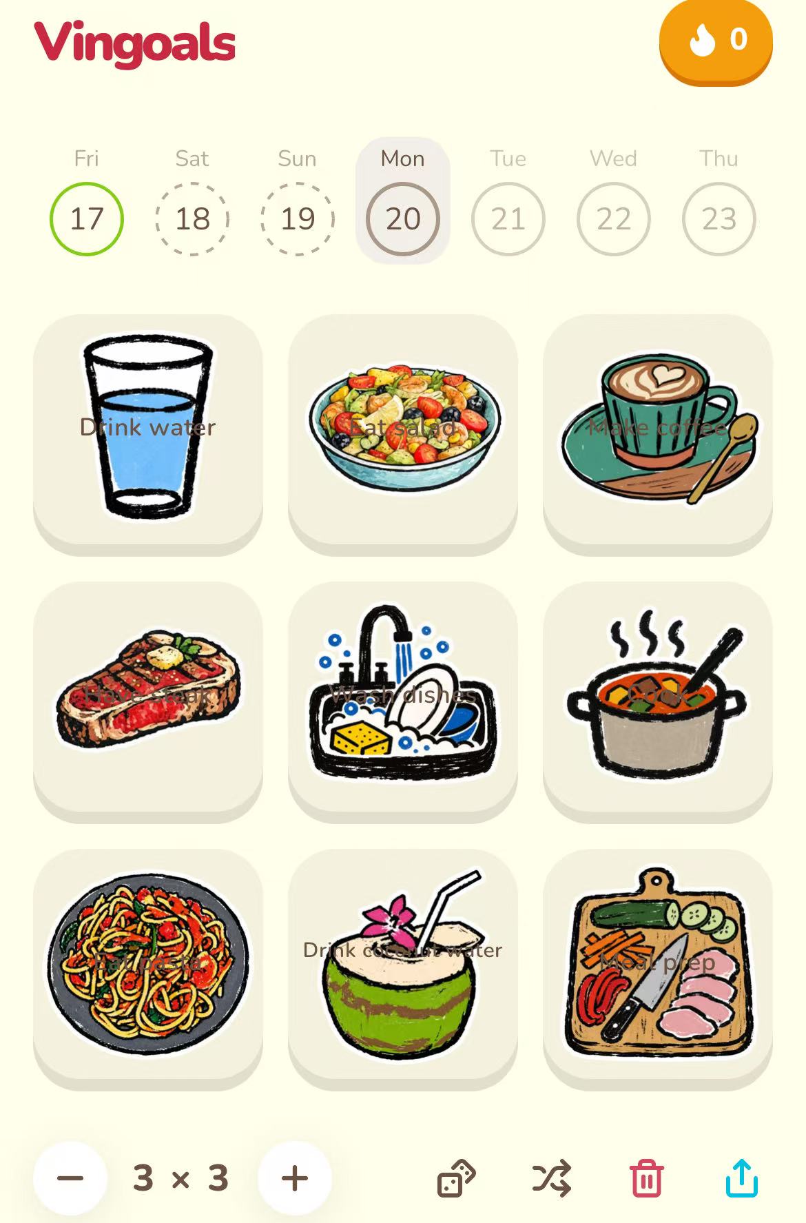Vingoals ADHD food and hydration board with visual squares for drinking water, eating salad, making coffee, washing dishes, cooking warm meals, drinking coconut water, and meal prep.