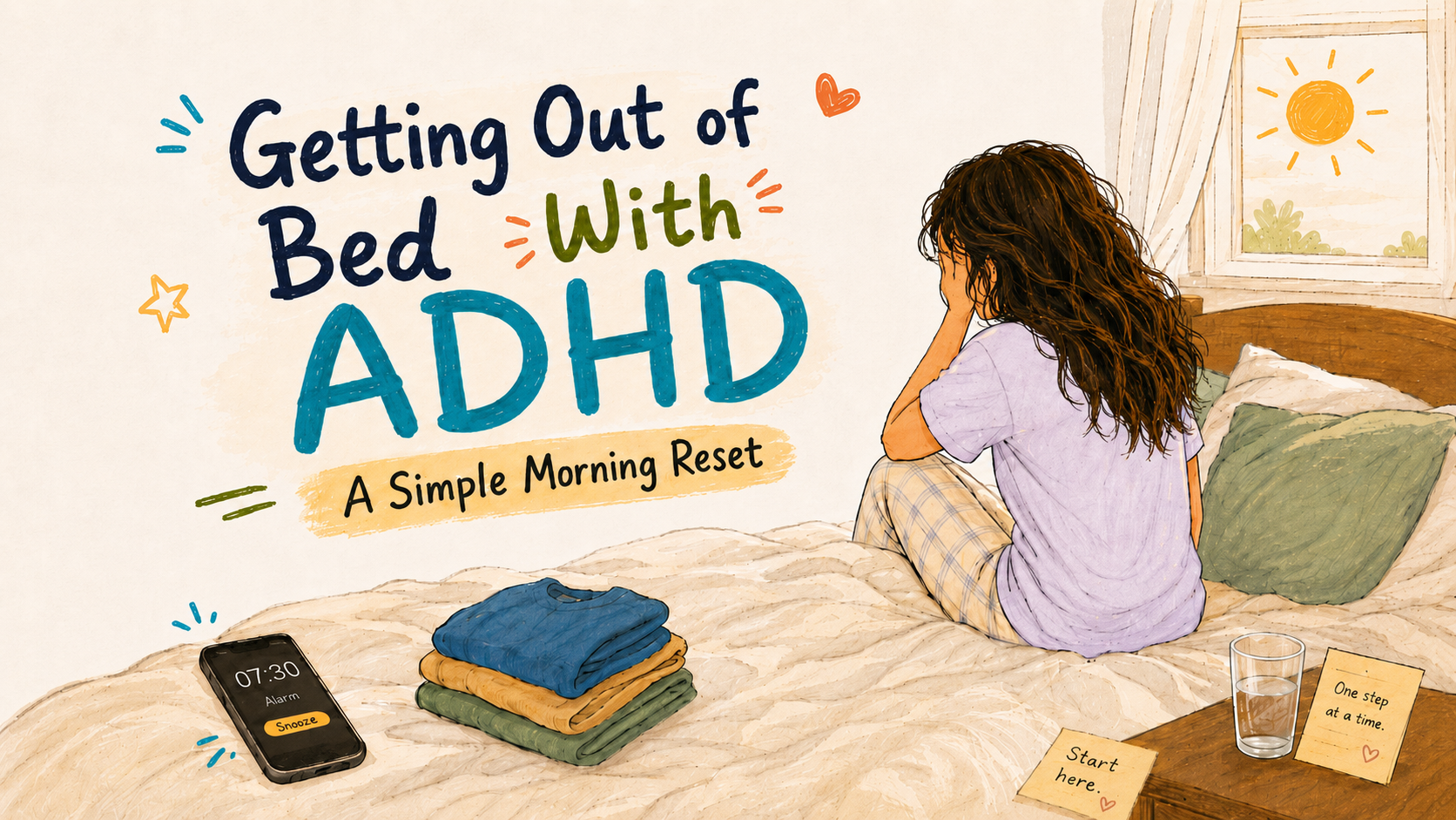 Hand-drawn cover art reading Getting Out of Bed With ADHD, A Simple Morning Reset, beside a person sitting on a bed near an alarm, water, clothes, and notes.