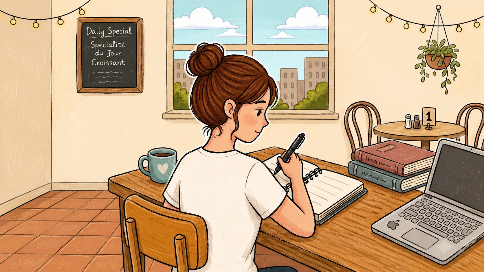 Woman with ADHD studying in a bright cafe with books, a laptop, and simple study materials on the table.