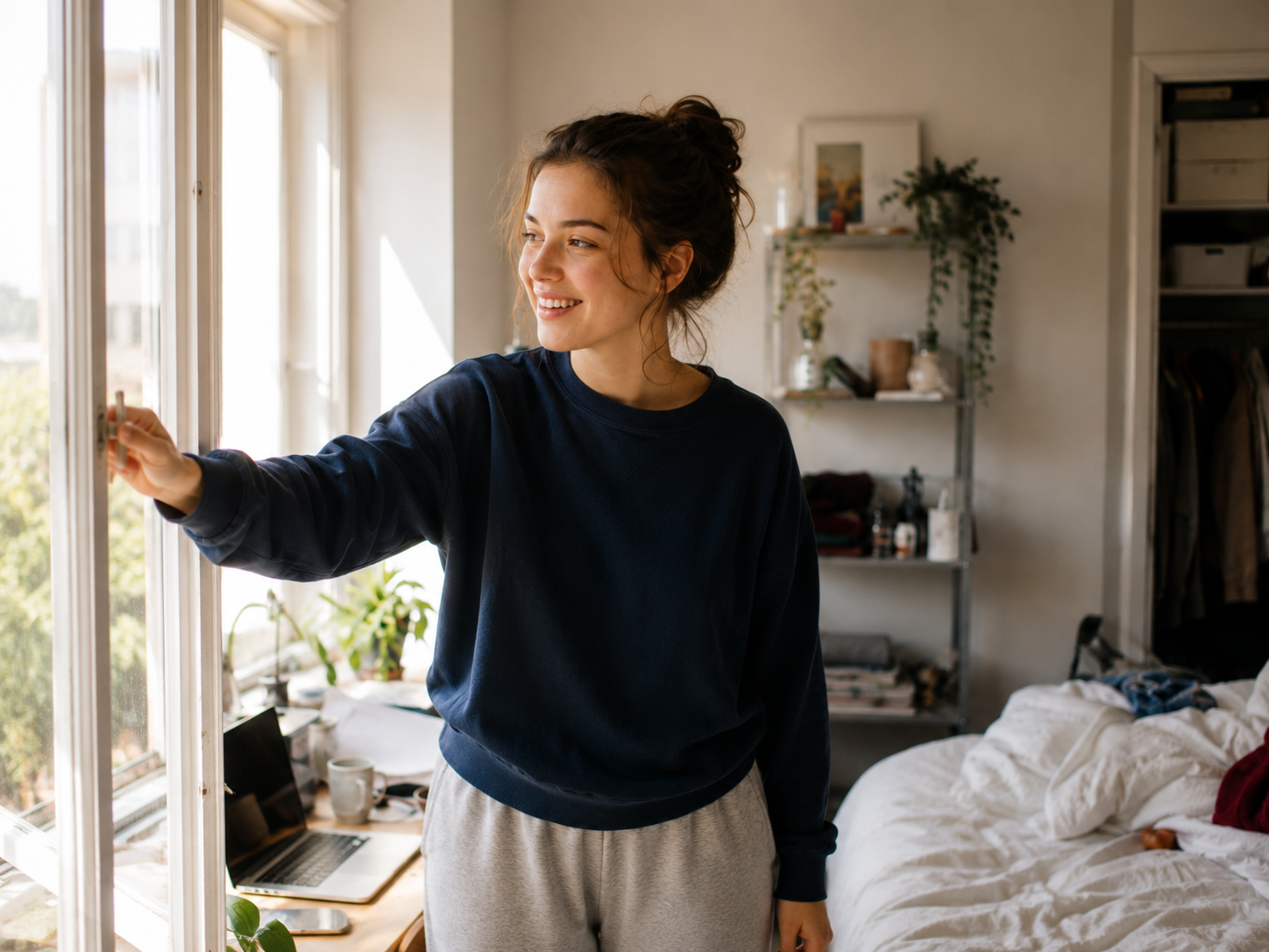 Woman with ADHD opening a window in her apartment as part of a small daily reset.
