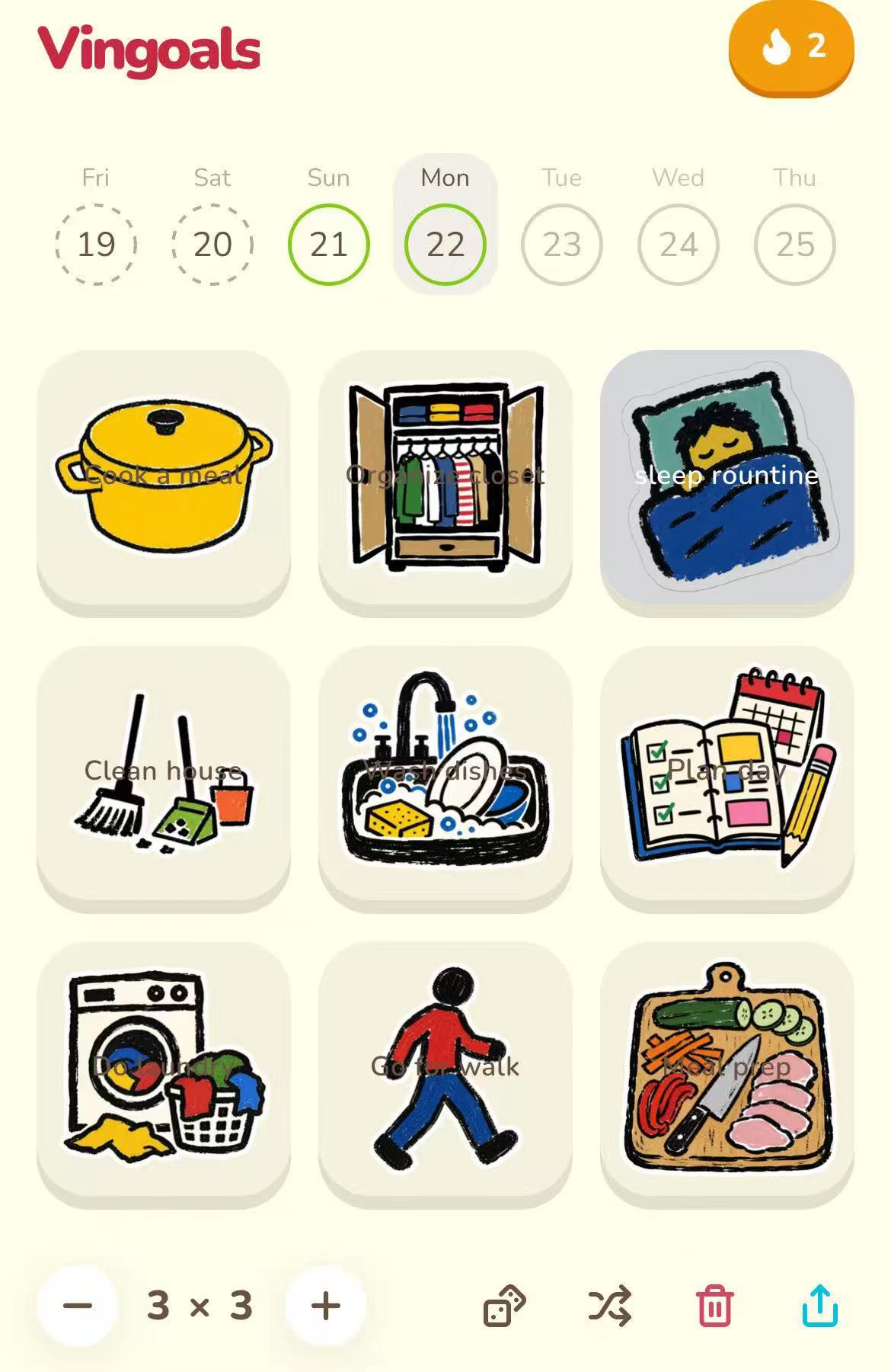Vingoals ADHD daily-care board with small visual task squares for eating, cleaning, trash, going outside, and marking today complete.