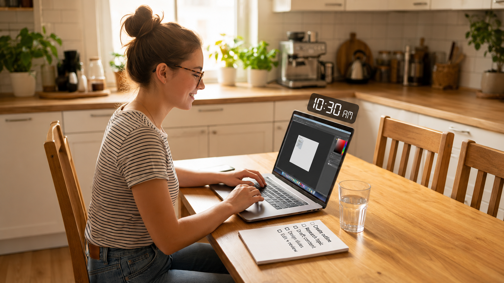 ADHD freelance routine with a simple visible checklist for opening a laptop, choosing one section, and starting work.