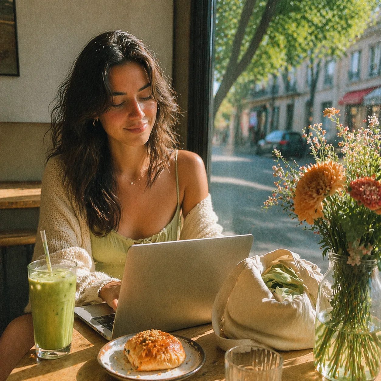 Woman enjoying a quiet cafe moment with matcha by the window