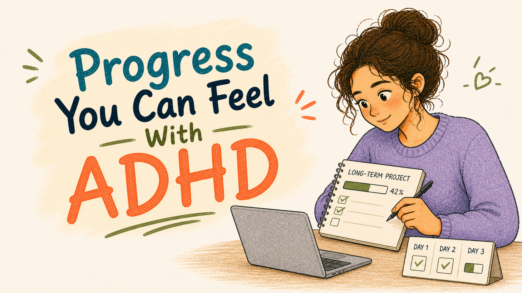 Hand-drawn cover illustration reading Progress You Can Feel With ADHD, with a person tracking a long-term project using a progress bar and three-day calendar.