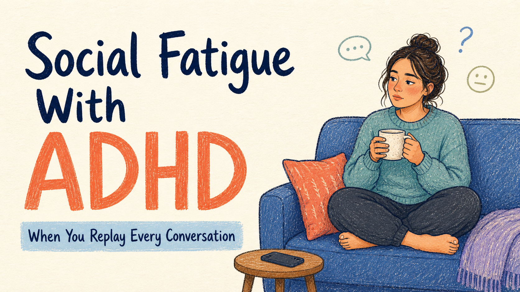 Hand-drawn Vingoals blog cover reading Social Fatigue With ADHD, When You Replay Every Conversation, beside a person resting on a blue sofa with a mug after socializing.