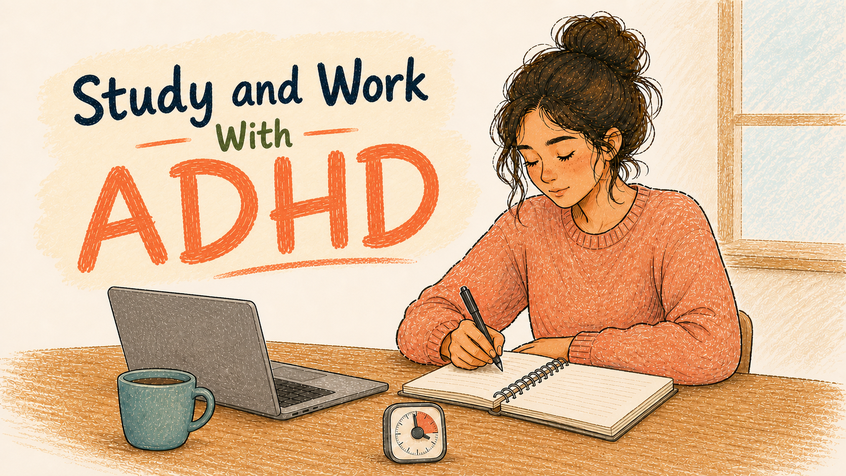 Hand-drawn cover illustration reading Study and Work With ADHD, with a woman in a coral sweater studying at a clean desk with a notebook, laptop, cup, and timer.