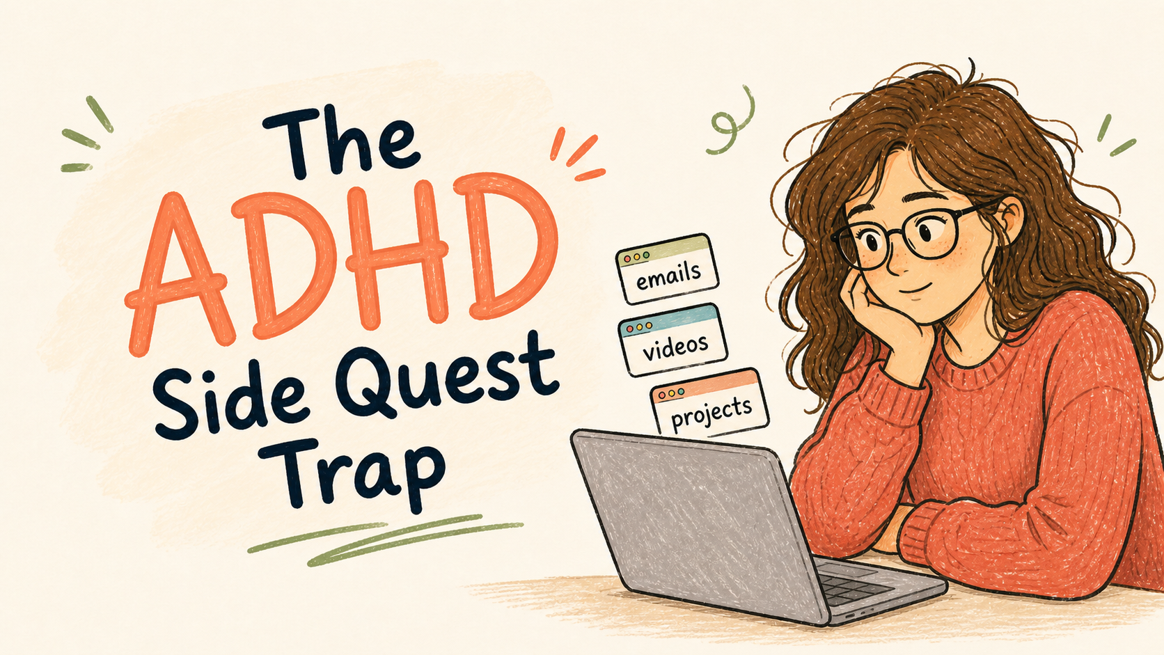 Hand-drawn cover illustration reading The ADHD Side Quest Trap, with a person facing email, video, and project tabs on a laptop.